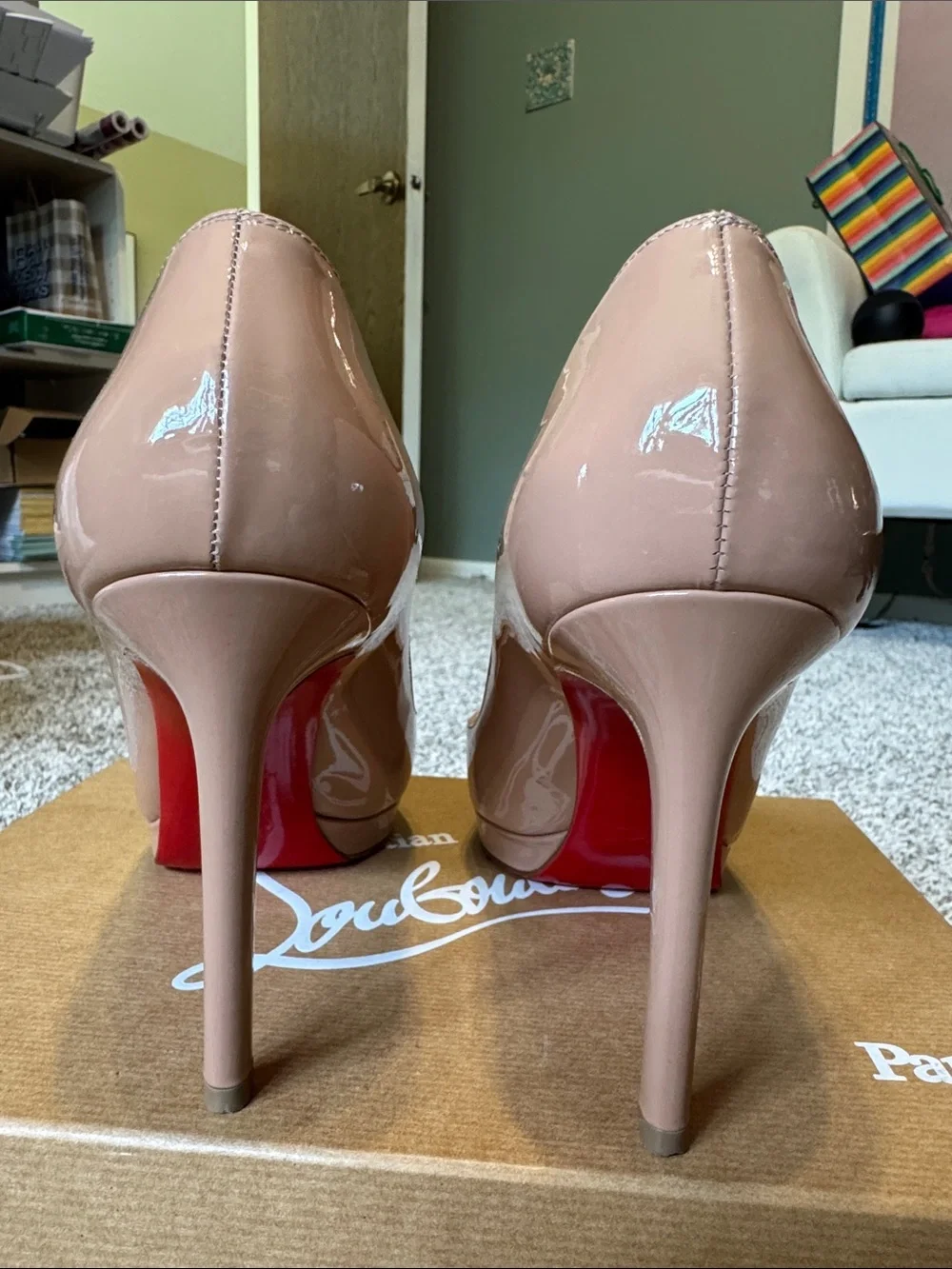 Christian Louboutin Nude Patent Leather Pointed-Toe Pumps with Red Soles